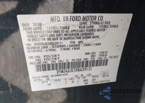 2009 Ford Flex Limited из США, поврежденный, VIN 2FMEK63C59BA39151